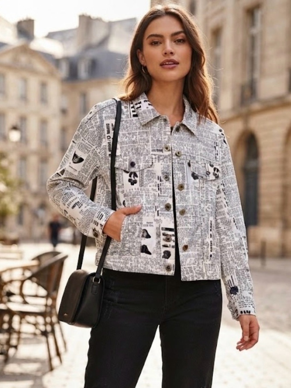 CHARLIE B White & Black Newspaper Print Cropped Jean Jacket
